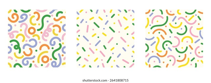 collection of simple seamless patterns abstract doodle colorful geometric lines on white background. cute line doodles for fun kids or childish