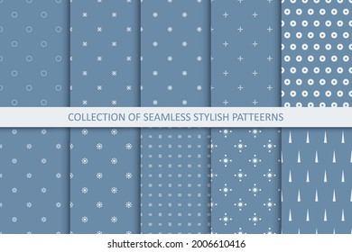 Collection of simple seamless stylish patterns. Minimalistic endless blue backgrounds. Elegant trendy design