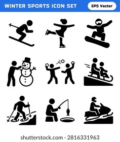 A collection of simple silhouette icons representing various winter sports and activities, including skiing, ice skating, snowboarding, building a snowman, snowball fighting, sledding, snowshoeing, ice fishing, and snowmobiling.