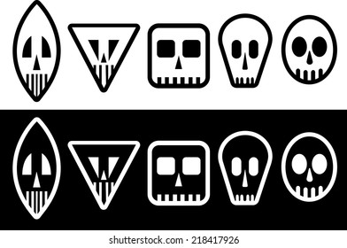 Collection of simple skulls, black and white, vector illustration