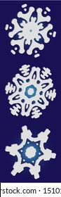 Collection of simple snowflakes on blue background.  Minimal concept accurate forms and colors. Vector illustration wallpapers. White cute New Year and Christmas 3d ornaments for banner or cards.