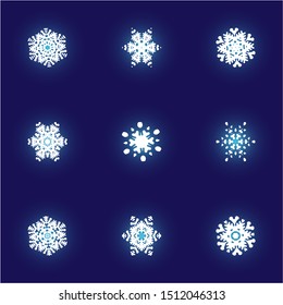 Collection of simple snowflakes on blue background. Vector illustration - graphics. Effective concept expressive forms and colors. White cute New Year and Christmas ornaments for banner or cards.