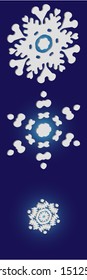 Collection of simple snowflakes on blue background.  Effective concept accurate forms and colors. Vector illustration wallpapers. White cute New Year and Christmas 3d ornaments for banner or cards.