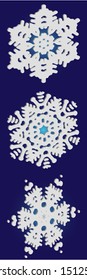 Collection of simple snowflakes on blue background.  Vector illustration overlays. Cool concept accurate forms and colors. White cute New Year and Christmas 3d ornaments for banner or cards.