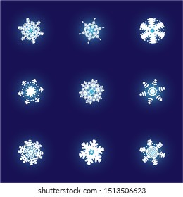 Collection of simple snowflakes on blue background. Geometric concept expressive forms and colors. Vector illustration - frames. White cute New Year and Christmas ornaments for banner or cards.