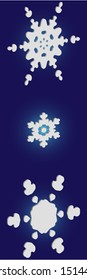 Collection of simple snowflakes on blue background.  Vector illustration icons. Minimal concept accurate forms and colors. White cute New Year and Christmas 3d ornaments for banner or cards.