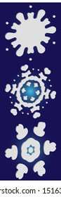Collection of simple snowflakes on blue background.  Clean concept accurate forms and colors. Vector illustration icons. White cute New Year and Christmas 3d ornaments for banner or cards.