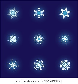 Collection of simple snowflakes on blue background. Vector illustration - wallpapers. Abstract concept expressive forms and colors. White cute New Year and Christmas ornaments for banner or cards.
