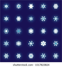 Collection of simple snowflakes on blue background. Vector illustration - frames. Geometric concept expressive forms and colors. White cute New Year and Christmas ornaments for banner or cards.