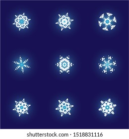 Collection of simple snowflakes on blue background. Geometric concept expressive forms and colors. Vector illustration - templates. White cute New Year and Christmas ornaments for banner or cards.