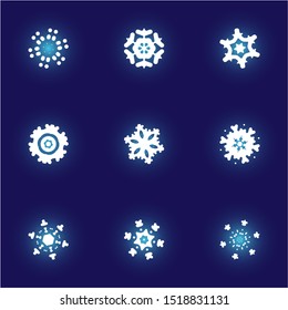 Collection of simple snowflakes on blue background. Magic concept expressive forms and colors. Vector illustration - templates. White cute New Year and Christmas ornaments for banner or cards.