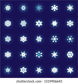 Collection of simple snowflakes on blue background. Vector illustration - decorations. Colorful concept expressive forms and colors. White cute New Year and Christmas ornaments for banner or cards.
