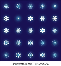 Collection of simple snowflakes on blue background. Geometric concept expressive forms and colors. Vector illustration - patterns. White cute New Year and Christmas ornaments for banner or cards.