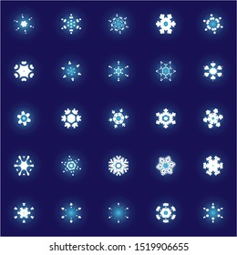 Collection of simple snowflakes on blue background. Vector illustration - textures. Original concept expressive forms and colors. White cute New Year and Christmas ornaments for banner or cards.