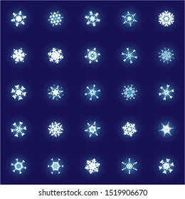 Collection of simple snowflakes on blue background. Vector illustration - wallpapers. Original concept expressive forms and colors. White cute New Year and Christmas ornaments for banner or cards.