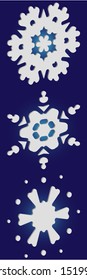 Collection of simple snowflakes on blue background.  Vector illustration templates. Cool concept accurate forms and colors. White cute New Year and Christmas 3d ornaments for banner or cards.