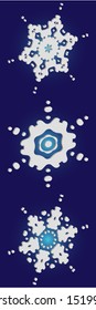 Collection of simple snowflakes on blue background.  Vector illustration postcards. Colorful concept accurate forms and colors. White cute New Year and Christmas 3d ornaments for banner or cards.
