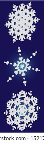 Collection of simple snowflakes on blue background.  Vector illustration shapes. Cool concept accurate forms and colors. White cute New Year and Christmas 3d ornaments for banner or cards.