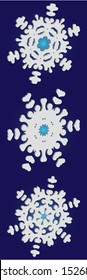 Collection of simple snowflakes on blue background.  Vector illustration templates. Magic concept accurate forms and colors. White cute New Year and Christmas 3d ornaments for banner or cards.