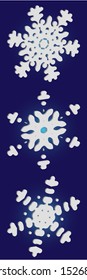 Collection of simple snowflakes on blue background.  Vector illustration textures. Clean concept accurate forms and colors. White cute New Year and Christmas 3d ornaments for banner or cards.