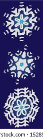 Collection of simple snowflakes on blue background.  Vector illustration postcards. Effective concept accurate forms and colors. White cute New Year and Christmas 3d ornaments for banner or cards.