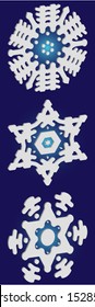 Collection of simple snowflakes on blue background.  Vector illustration graphics. Abstract concept accurate forms and colors. White cute New Year and Christmas 3d ornaments for banner or cards.