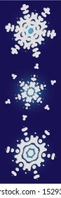 Collection of simple snowflakes on blue background.  Colorful concept accurate forms and colors. Vector illustration graphics. White cute New Year and Christmas 3d ornaments for banner or cards.