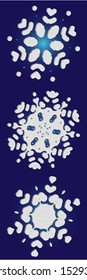 Collection of simple snowflakes on blue background.  Clean concept accurate forms and colors. Vector illustration shapes. White cute New Year and Christmas 3d ornaments for banner or cards.