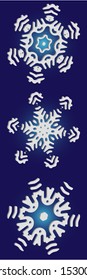 Collection of simple snowflakes on blue background.  Vector illustration posters. Minimal concept accurate forms and colors. White cute New Year and Christmas 3d ornaments for banner or cards.