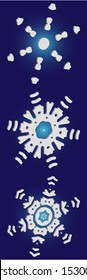 Collection of simple snowflakes on blue background.  Vector illustration decorations. Clean concept accurate forms and colors. White cute New Year and Christmas 3d ornaments for banner or cards.