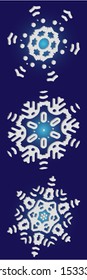 Collection of simple snowflakes on blue background.  Cool concept accurate forms and colors. Vector illustration icons. White cute New Year and Christmas 3d ornaments for banner or cards.