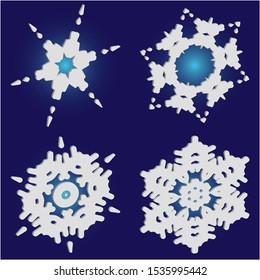 Collection of simple snowflakes on blue background.  Vector illustration decorations. Effective concept accurate forms and colors. White cute New Year and Christmas 3d ornaments for banner or cards.