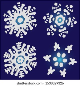 Collection of simple snowflakes on blue background.  Clean concept accurate forms and colors. Vector illustration frames. White cute New Year and Christmas 3d ornaments for banner or cards.
