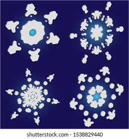 Collection of simple snowflakes on blue background.  Vector illustration icons. Abstract concept accurate forms and colors. White cute New Year and Christmas 3d ornaments for banner or cards.