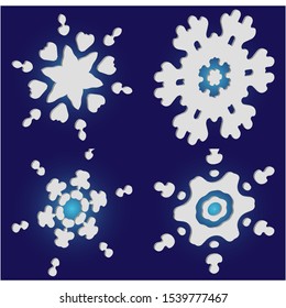 Collection of simple snowflakes on blue background.  Vector illustration templates. Original concept accurate forms and colors. White cute New Year and Christmas 3d ornaments for banner or cards.