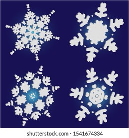 Collection of simple snowflakes on blue background.  Effective concept accurate forms and colors. Vector illustration icons. White cute New Year and Christmas 3d ornaments for banner or cards.