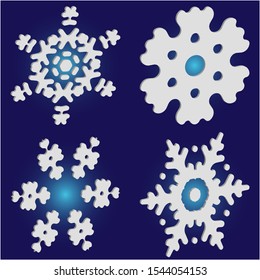 Collection of simple snowflakes on blue background.  Vector illustration frames. Colorful concept accurate forms and colors. White cute New Year and Christmas 3d ornaments for banner or cards.