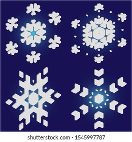 Collection of simple snowflakes on blue background.  Colorful concept accurate forms and colors. Vector illustration shapes. White cute New Year and Christmas 3d ornaments for banner or cards.
