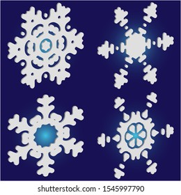Collection of simple snowflakes on blue background.  Vector illustration posters. Abstract concept accurate forms and colors. White cute New Year and Christmas 3d ornaments for banner or cards.
