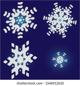 Collection of simple snowflakes on blue background.  Vector illustration patterns. Cool concept accurate forms and colors. White cute New Year and Christmas 3d ornaments for banner or cards.