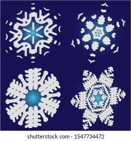 Collection of simple snowflakes on blue background.  Creative concept accurate forms and colors. Vector illustration postcards. White cute New Year and Christmas 3d ornaments for banner or cards.