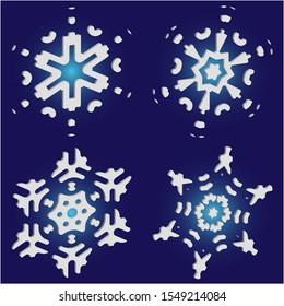 Collection of simple snowflakes on blue background.  Colorful concept accurate forms and colors. Vector illustration overlays. White cute New Year and Christmas 3d ornaments for banner or cards.