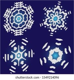 Collection of simple snowflakes on blue background.  Clean concept accurate forms and colors. Vector illustration graphics. White cute New Year and Christmas 3d ornaments for banner or cards.