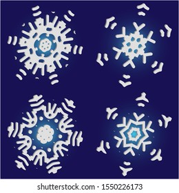 Collection of simple snowflakes on blue background.  Colorful concept accurate forms and colors. Vector illustration templates. White cute New Year and Christmas 3d ornaments for banner or cards.