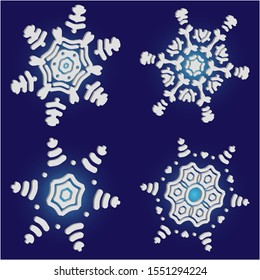 Collection of simple snowflakes on blue background.  Creative concept accurate forms and colors. Vector illustration textures. White cute New Year and Christmas 3d ornaments for banner or cards.