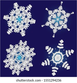 Collection of simple snowflakes on blue background.  Vector illustration frames. Clean concept accurate forms and colors. White cute New Year and Christmas 3d ornaments for banner or cards.