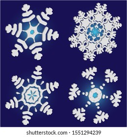 Collection of simple snowflakes on blue background.  Vector illustration shapes. Geometric concept accurate forms and colors. White cute New Year and Christmas 3d ornaments for banner or cards.