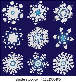 Collection of simple snowflakes on blue background.  Minimal concept accurate forms and colors. Vector illustration shapes. White cute New Year and Christmas 3d ornaments for banner or cards.