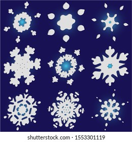 Collection of simple snowflakes on blue background.  Vector illustration posters. Minimal concept accurate forms and colors. White cute New Year and Christmas 3d ornaments for banner or cards.