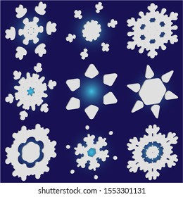 Collection of simple snowflakes on blue background.  Vector illustration postcards. Effective concept accurate forms and colors. White cute New Year and Christmas 3d ornaments for banner or cards.